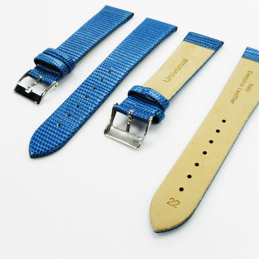 Lizard Watch Band, 22MM Wide Flat, Regular Size, Blue Color, Silver Buckle, Genuine Leather Strap Replacement - Universal Jewelers & Watch Tools Inc.
