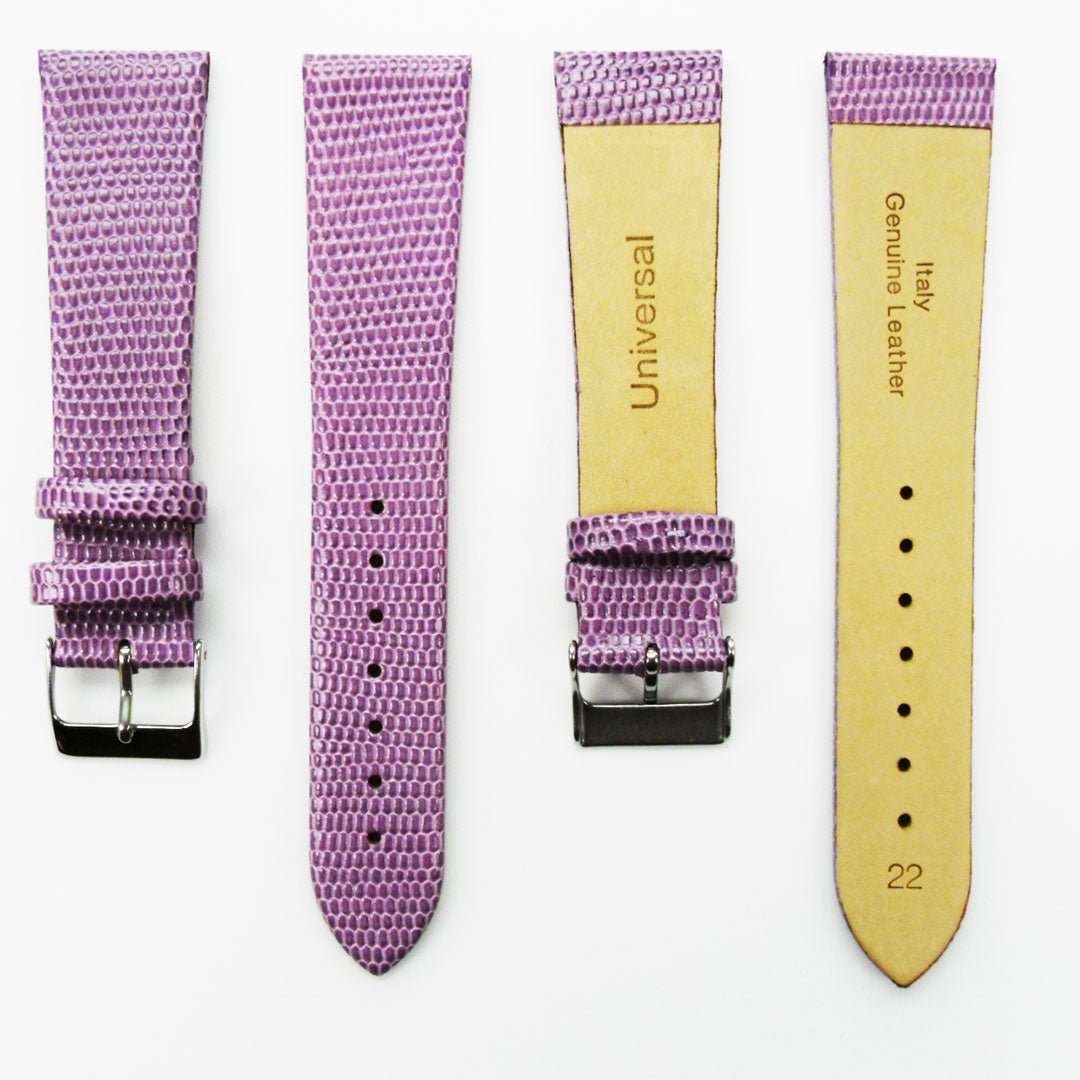 Lizard Watch Band, 22MM Wide Flat, Regular Size, Purple Color, Silver Buckle, Genuine Leather Strap Replacement - Universal Jewelers & Watch Tools Inc.