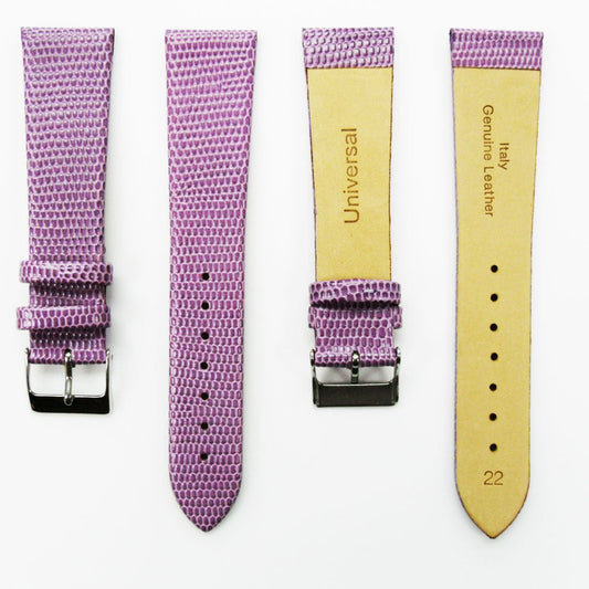 Lizard Watch Band, 22MM Wide Flat, Regular Size, Purple Color, Silver Buckle, Genuine Leather Strap Replacement - Universal Jewelers & Watch Tools Inc.