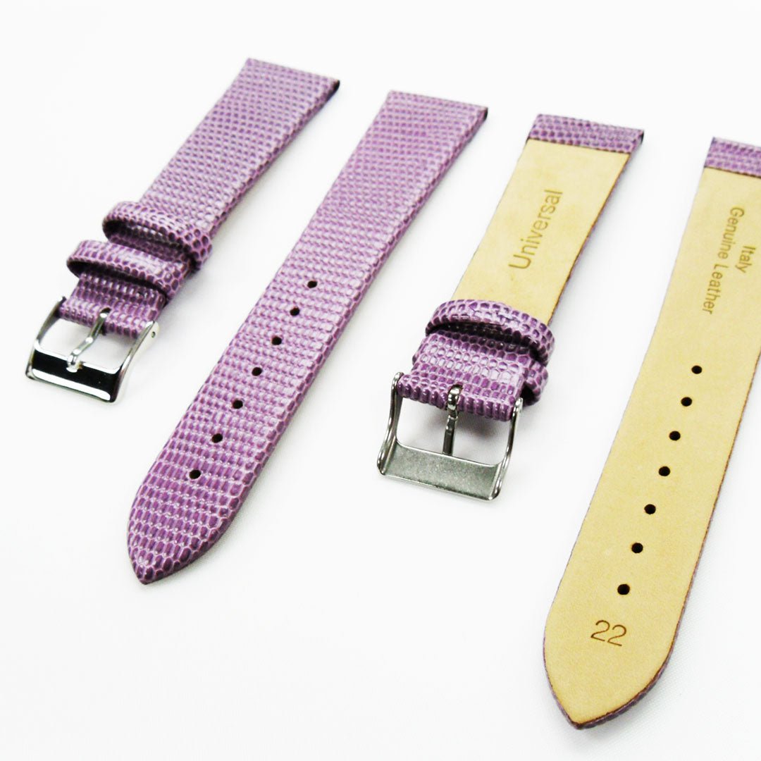 Lizard Watch Band, 22MM Wide Flat, Regular Size, Purple Color, Silver Buckle, Genuine Leather Strap Replacement - Universal Jewelers & Watch Tools Inc.