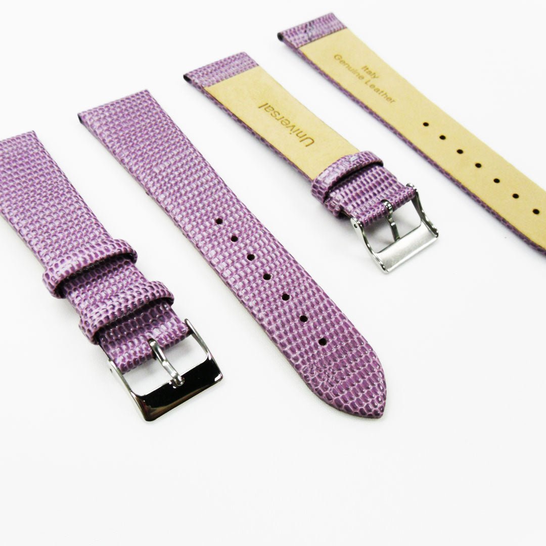 Lizard Watch Band, 22MM Wide Flat, Regular Size, Purple Color, Silver Buckle, Genuine Leather Strap Replacement - Universal Jewelers & Watch Tools Inc.