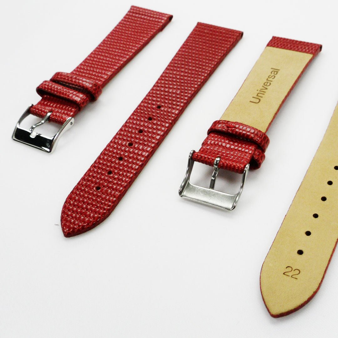 Lizard Watch Band, 22MM Wide Flat, Regular Size, Red Color, Silver Buckle, Genuine Leather Strap Replacement - Universal Jewelers & Watch Tools Inc.
