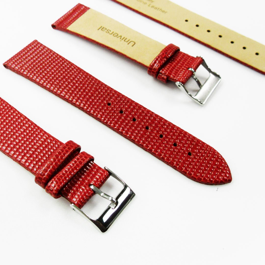 Lizard Watch Band, 22MM Wide Flat, Regular Size, Red Color, Silver Buckle, Genuine Leather Strap Replacement - Universal Jewelers & Watch Tools Inc.