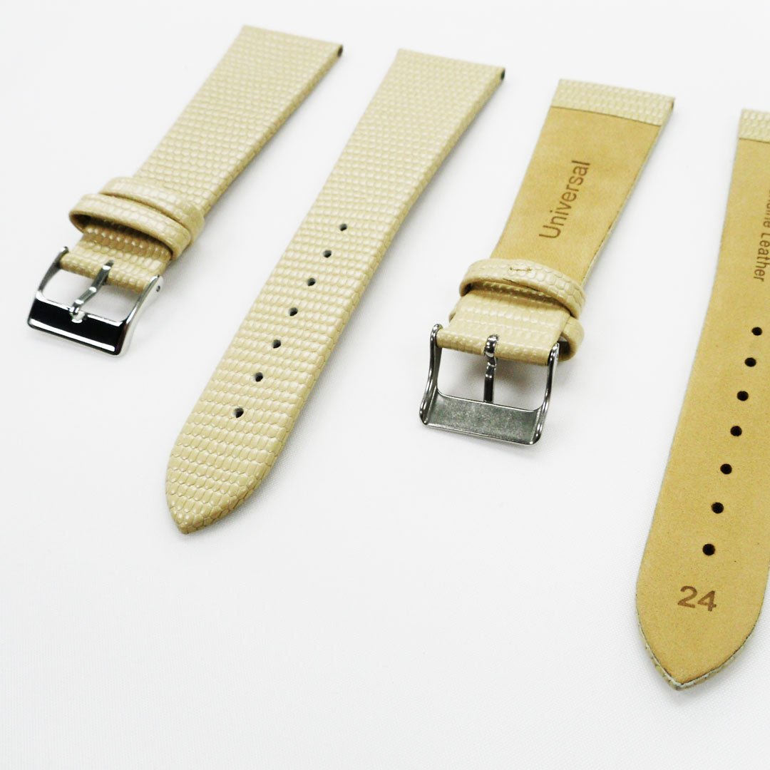 Lizard Watch Band, 24MM Wide Flat, Regular Size, Beige Color, Silver Buckle, Genuine Leather Strap Replacement - Universal Jewelers & Watch Tools Inc.