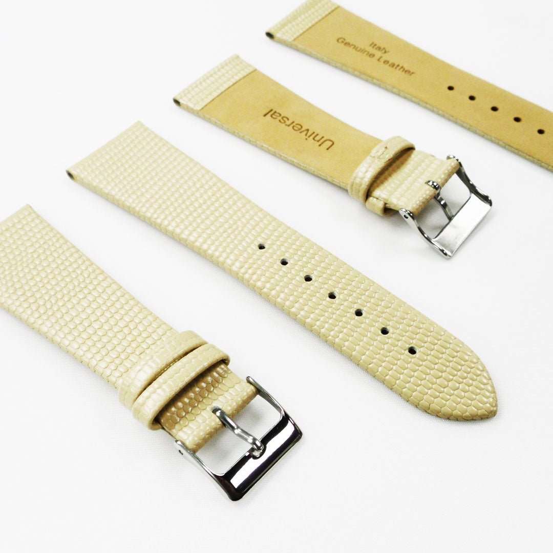 Lizard Watch Band, 24MM Wide Flat, Regular Size, Beige Color, Silver Buckle, Genuine Leather Strap Replacement - Universal Jewelers & Watch Tools Inc.