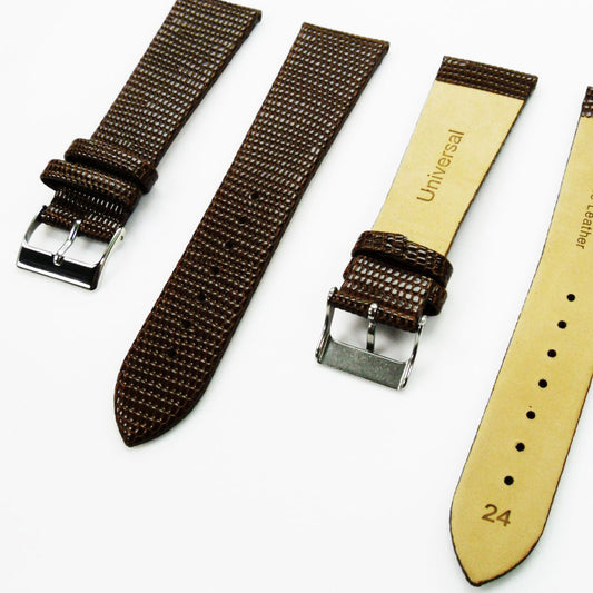 Lizard Watch Band, 24MM Wide Flat, Regular Size, Brown Color, Silver Buckle, Genuine Leather Strap Replacement - Universal Jewelers & Watch Tools Inc.