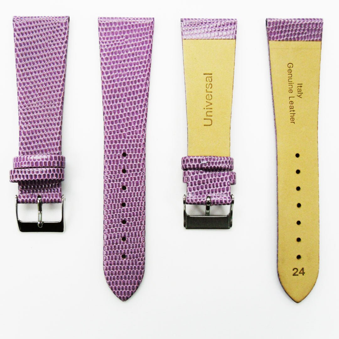 Lizard Watch Band, 24MM Wide Flat, Regular Size, Purple Color, Silver Buckle, Genuine Leather Strap Replacement - Universal Jewelers & Watch Tools Inc.