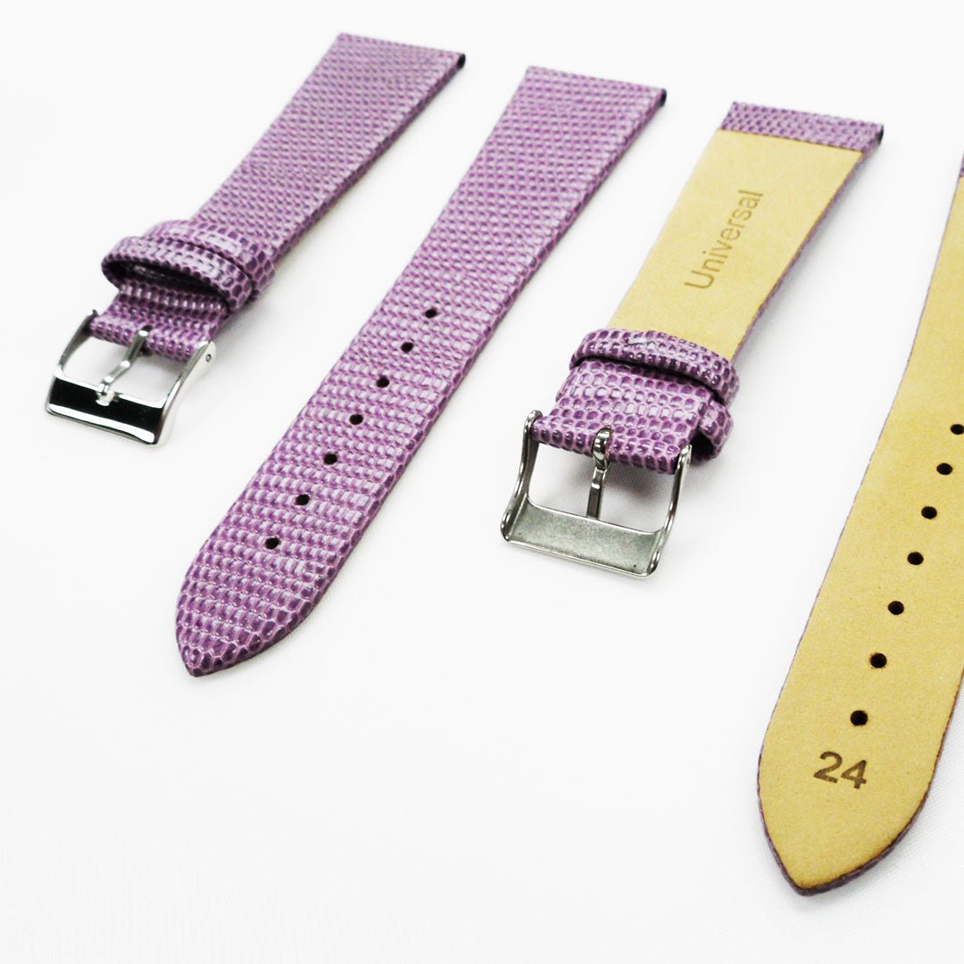 Lizard Watch Band, 24MM Wide Flat, Regular Size, Purple Color, Silver Buckle, Genuine Leather Strap Replacement - Universal Jewelers & Watch Tools Inc.