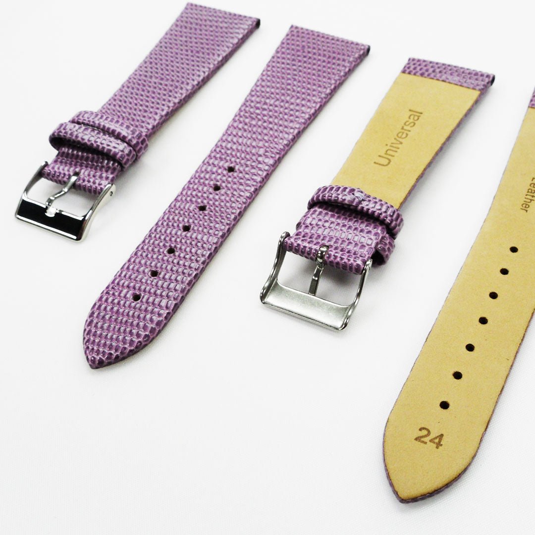Lizard Watch Band, 24MM Wide Flat, Regular Size, Purple Color, Silver Buckle, Genuine Leather Strap Replacement - Universal Jewelers & Watch Tools Inc.