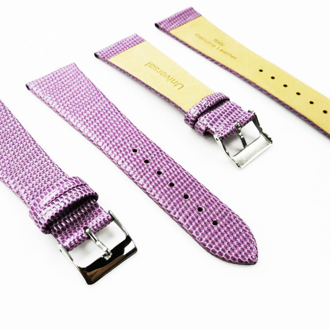 Lizard Watch Band, 24MM Wide Flat, Regular Size, Purple Color, Silver Buckle, Genuine Leather Strap Replacement - Universal Jewelers & Watch Tools Inc.