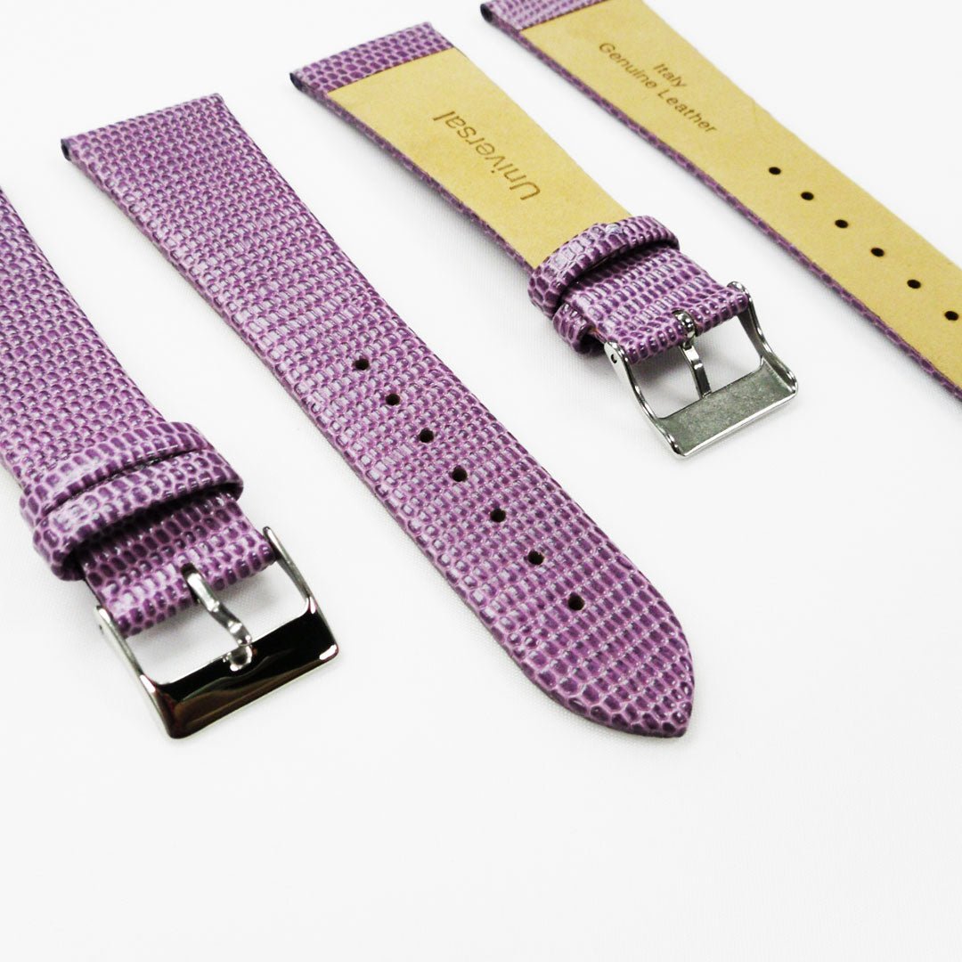 Lizard Watch Band, 24MM Wide Flat, Regular Size, Purple Color, Silver Buckle, Genuine Leather Strap Replacement - Universal Jewelers & Watch Tools Inc.