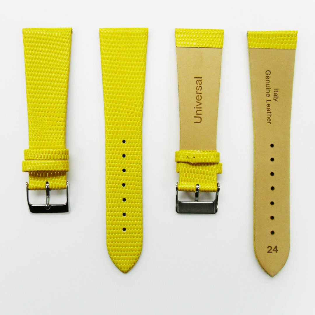 Lizard Watch Band, 24MM Wide Flat, Regular Size, Yellow Color, Silver Buckle, Genuine Leather Strap Replacement - Universal Jewelers & Watch Tools Inc.