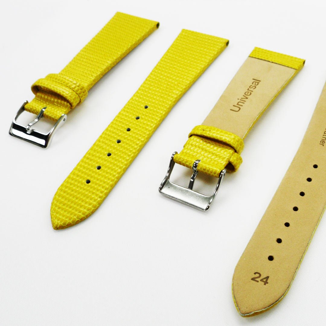 Lizard Watch Band, 24MM Wide Flat, Regular Size, Yellow Color, Silver Buckle, Genuine Leather Strap Replacement - Universal Jewelers & Watch Tools Inc.