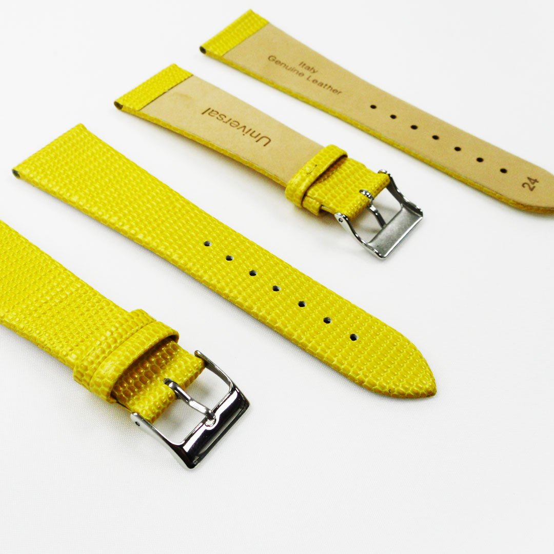 Lizard Watch Band, 24MM Wide Flat, Regular Size, Yellow Color, Silver Buckle, Genuine Leather Strap Replacement - Universal Jewelers & Watch Tools Inc.