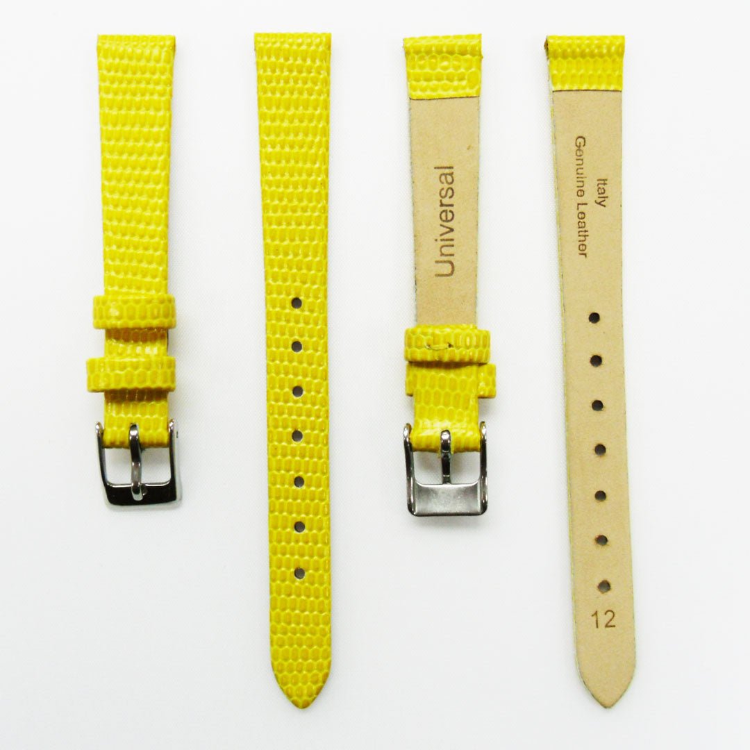 Lizard Style, Ladies Watch Band, 12MM Wide Flat, Regular Size, White Color, Silver Buckle, Genuine Leather Strap Replacement - Universal Jewelers & Watch Tools Inc.