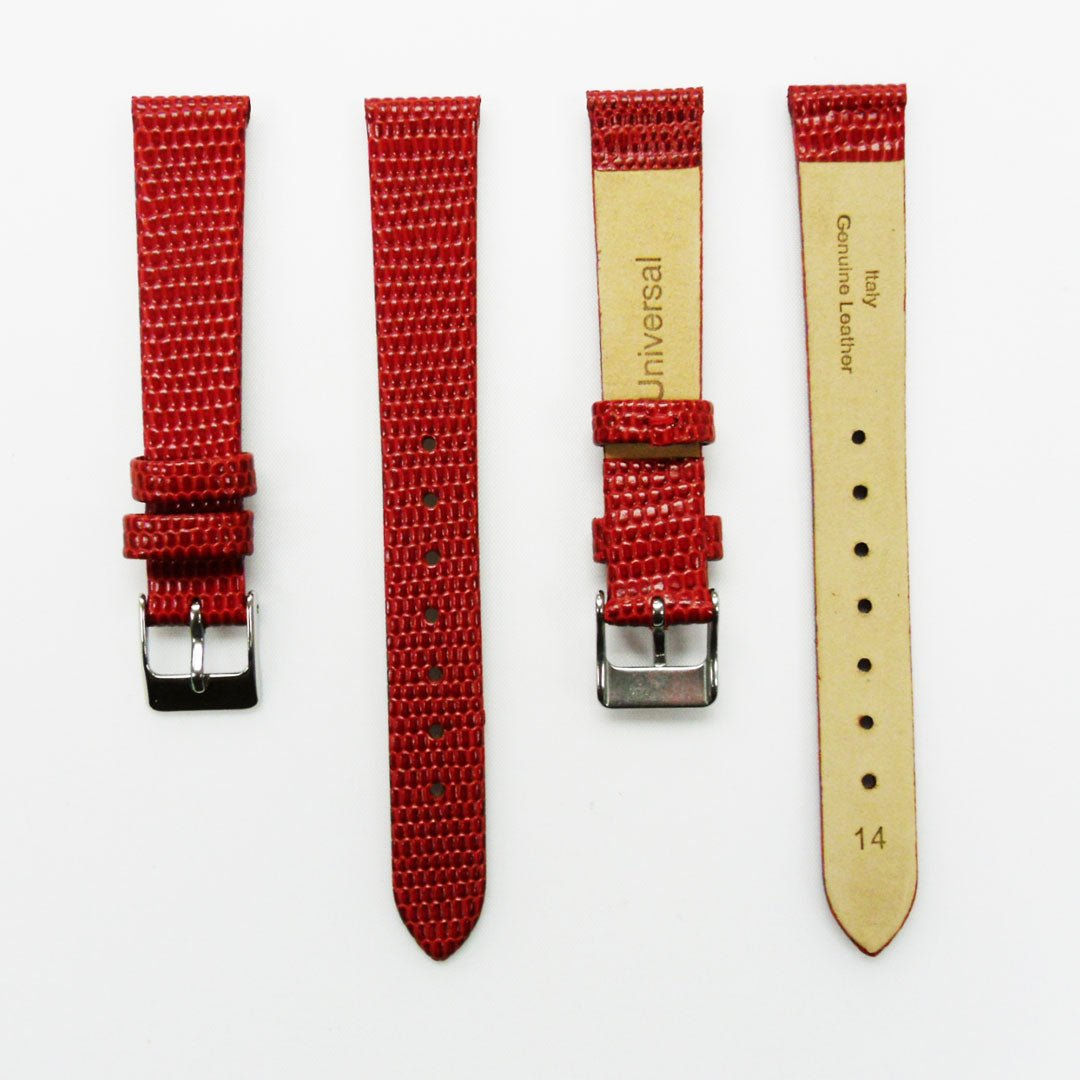 Lizard Style, Ladies Watch Band, 14MM Wide Flat, Regular Size, Beige Color, Silver Buckle, Genuine Leather Strap Replacement - Universal Jewelers & Watch Tools Inc.