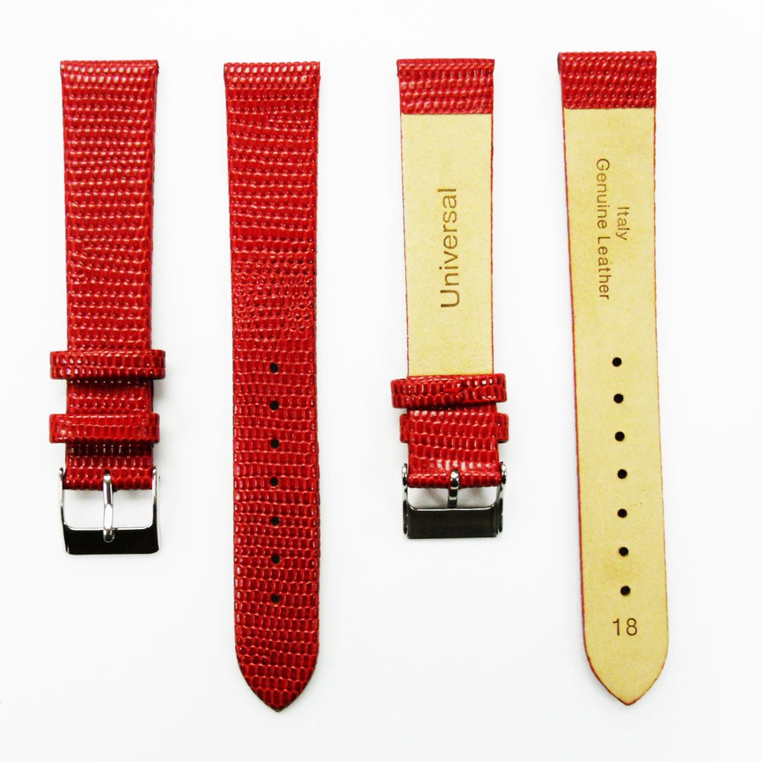 Lizard Watch Band, 18MM Wide Flat, Regular Size, Purple Color, Silver Buckle, Genuine Leather Strap Replacement - Universal Jewelers & Watch Tools Inc.