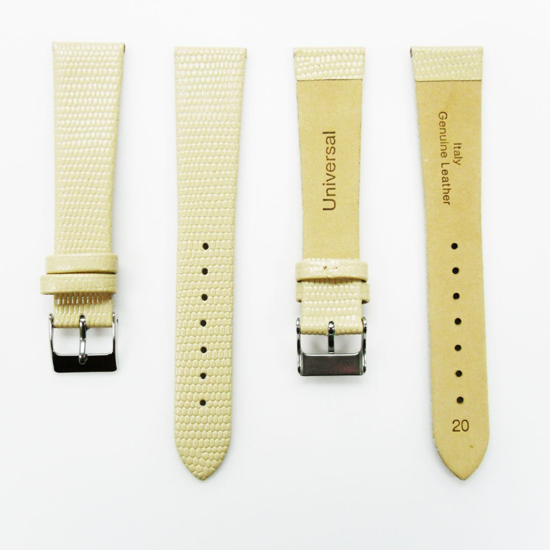 Lizard Watch Band, 20MM Wide Flat, Regular Size, White Color, Silver Buckle, Genuine Leather Strap Replacement - Universal Jewelers & Watch Tools Inc.