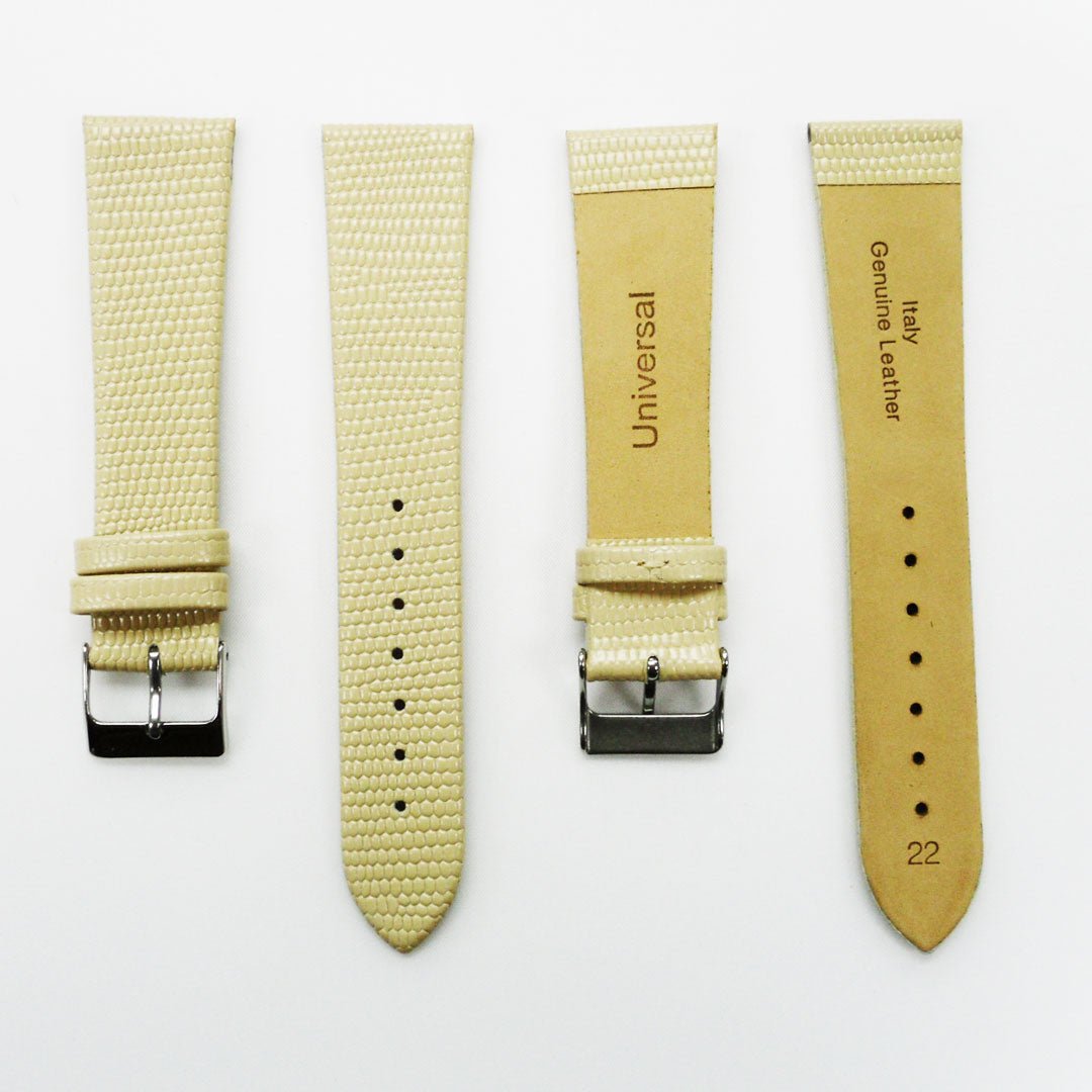 Lizard Watch Band, 22MM Wide Flat, Regular Size, Beige Color, Silver Buckle, Genuine Leather Strap Replacement - Universal Jewelers & Watch Tools Inc.