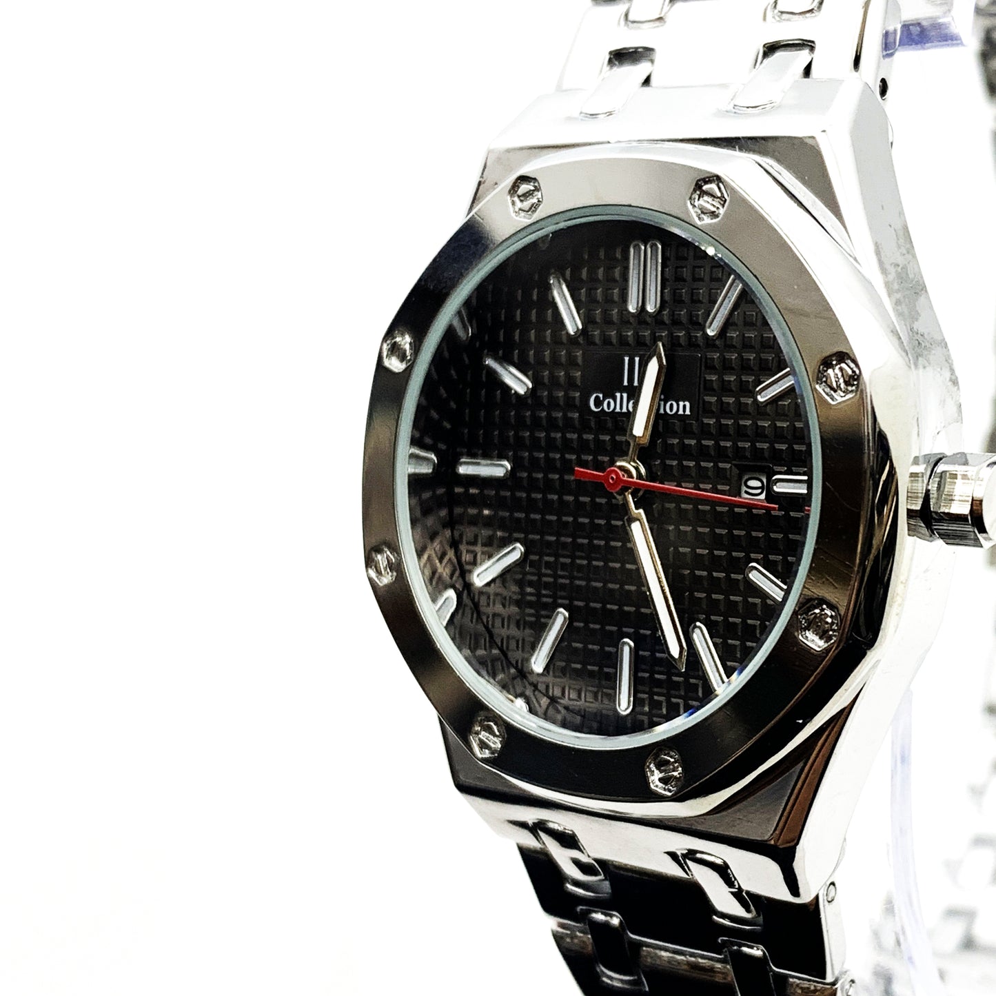 Men's Fashion Watch Silver Case Black Dial with Date Luxury Quartz - Universal Jewelers & Watch Tools Inc.