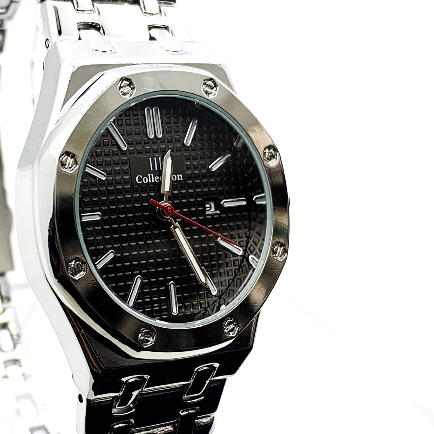 Men's Fashion Watch Silver Case Black Dial with Date Luxury Quartz - Universal Jewelers & Watch Tools Inc.