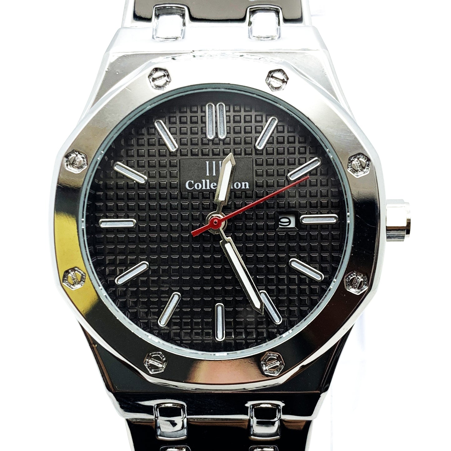 Men's Fashion Watch Silver Case Black Dial with Date Luxury Quartz - Universal Jewelers & Watch Tools Inc.