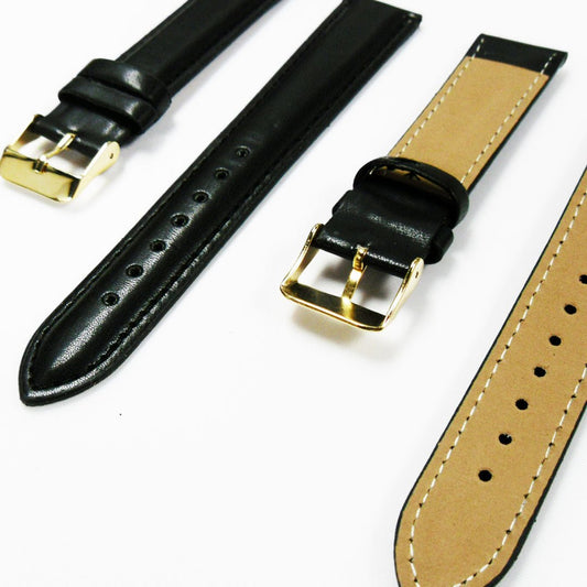 Genuine Leather Watch Band, Black Padded, Plain, Black Stitches, 20MM, Regular Size, Stainless Steel Golden Buckle - Universal Jewelers & Watch Tools Inc.