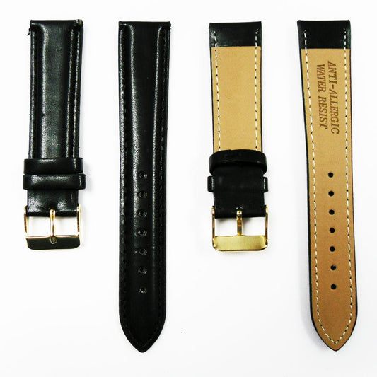 Genuine Leather Watch Band, Black Padded, Plain, Black Stitches, 20MM, Regular Size, Stainless Steel Golden Buckle - Universal Jewelers & Watch Tools Inc.