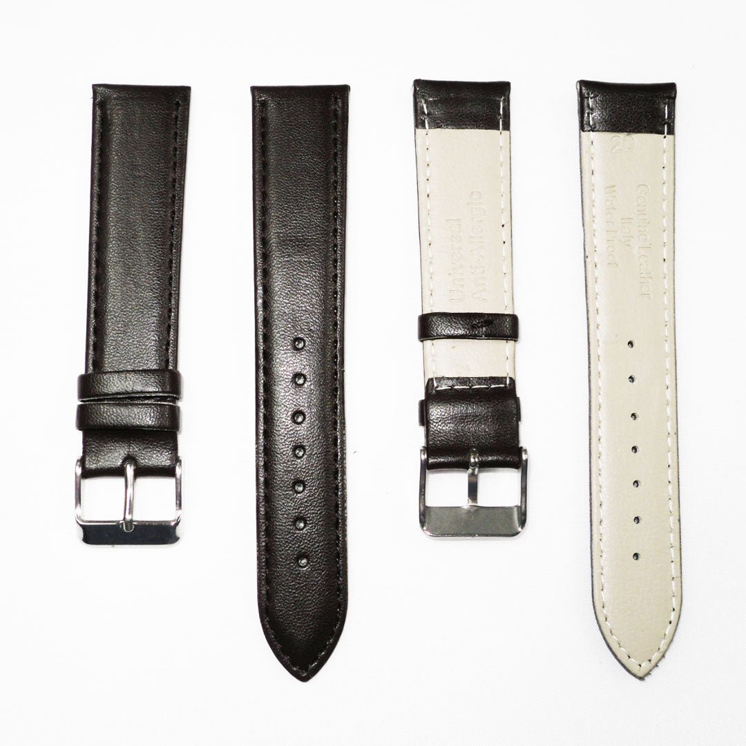 Genuine Leather Watch Band, Black Padded, Plain, Black Stitches, 20MM, Regular Size, Stainless Steel Silver Buckle - Universal Jewelers & Watch Tools Inc.