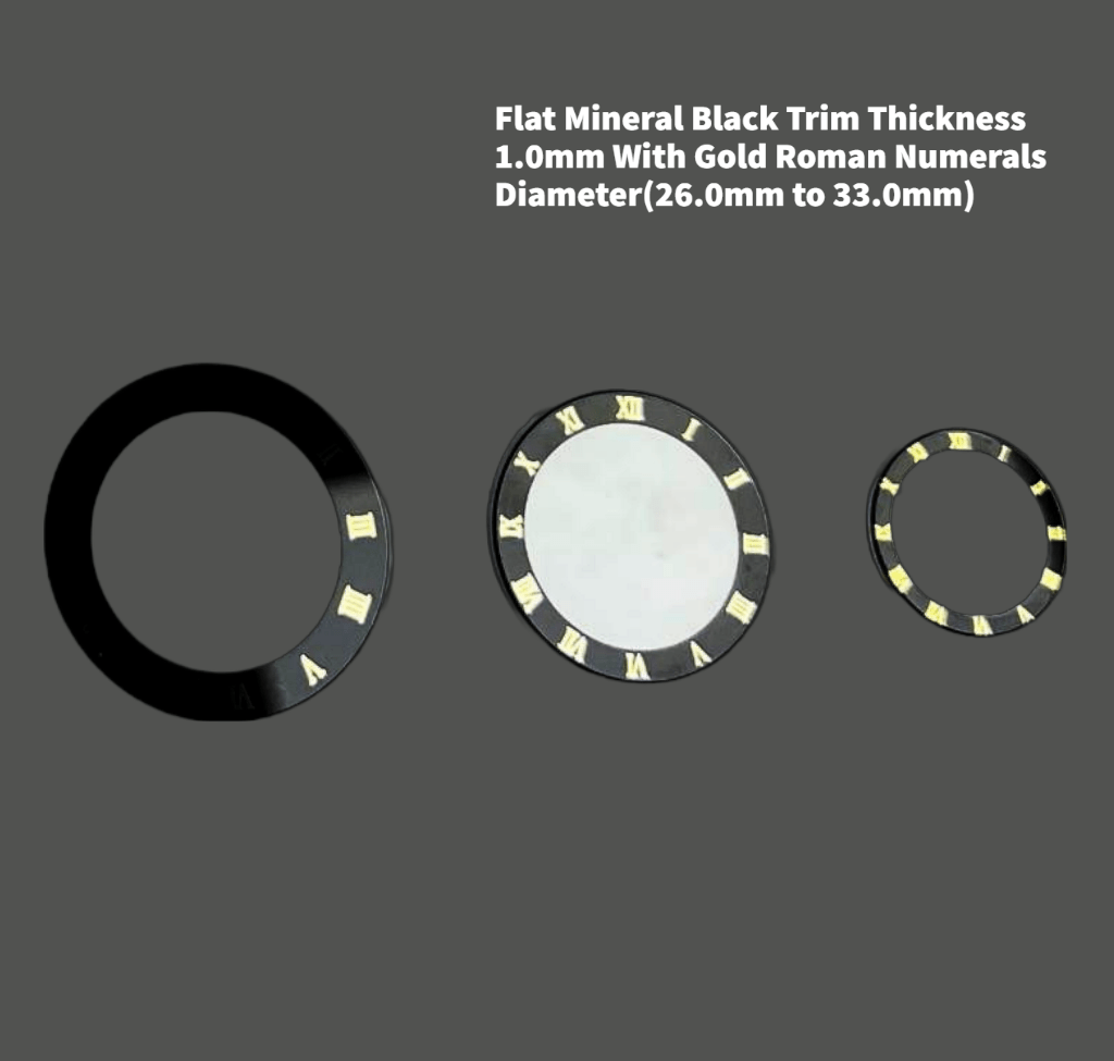 Watch Crystal Flat Round Mineral Glass Crystal Black Trim With Gold Roman Numerals Thick 1.0mm Diameter(26.0mm to 33.0mm) - Universal Jewelers & Watch Tools Inc.