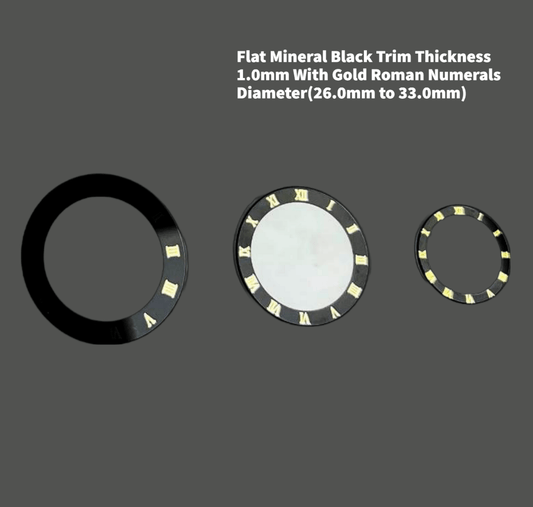 Watch Crystal Flat Round Mineral Glass Crystal Black Trim With Gold Roman Numerals Thick 1.0mm Diameter(26.0mm to 33.0mm) - Universal Jewelers & Watch Tools Inc.