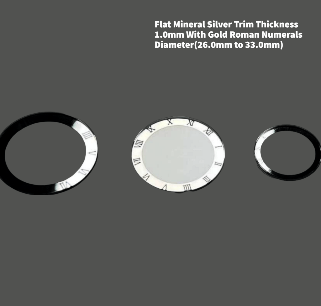 Watch Crystal Flat Round Mineral Glass Crystal Silver Trim With Black Roman Numerals Thick 1.0mm Diameter(26.0mm to 33.0mm) - Universal Jewelers & Watch Tools Inc.