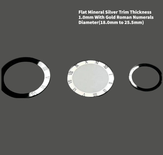 Watch Crystal Flat Round Mineral Glass Crystal Silver Trim With Black Roman Numerals Thick 1.0mm Diameter(18.0mm to 25.5mm) - Universal Jewelers & Watch Tools Inc.