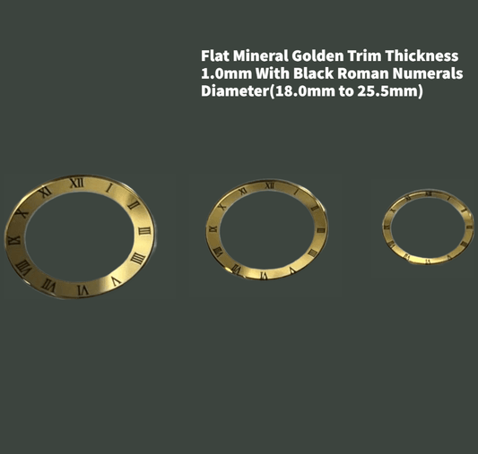 Watch Crystal Flat Round Mineral Glass Crystal Golden Trim With Black Roman Numerals Thick 1.0mm Diameter(18.0mm to 25.5mm) - Universal Jewelers & Watch Tools Inc.