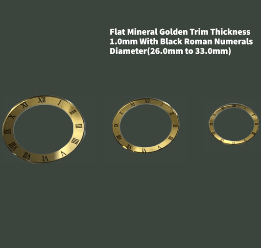 Watch Crystal Flat Round Mineral Glass Crystal Golden Trim With Black Roman Numerals Thick 1.0mm Diameter(26.0mm to 33.0mm) - Universal Jewelers & Watch Tools Inc.