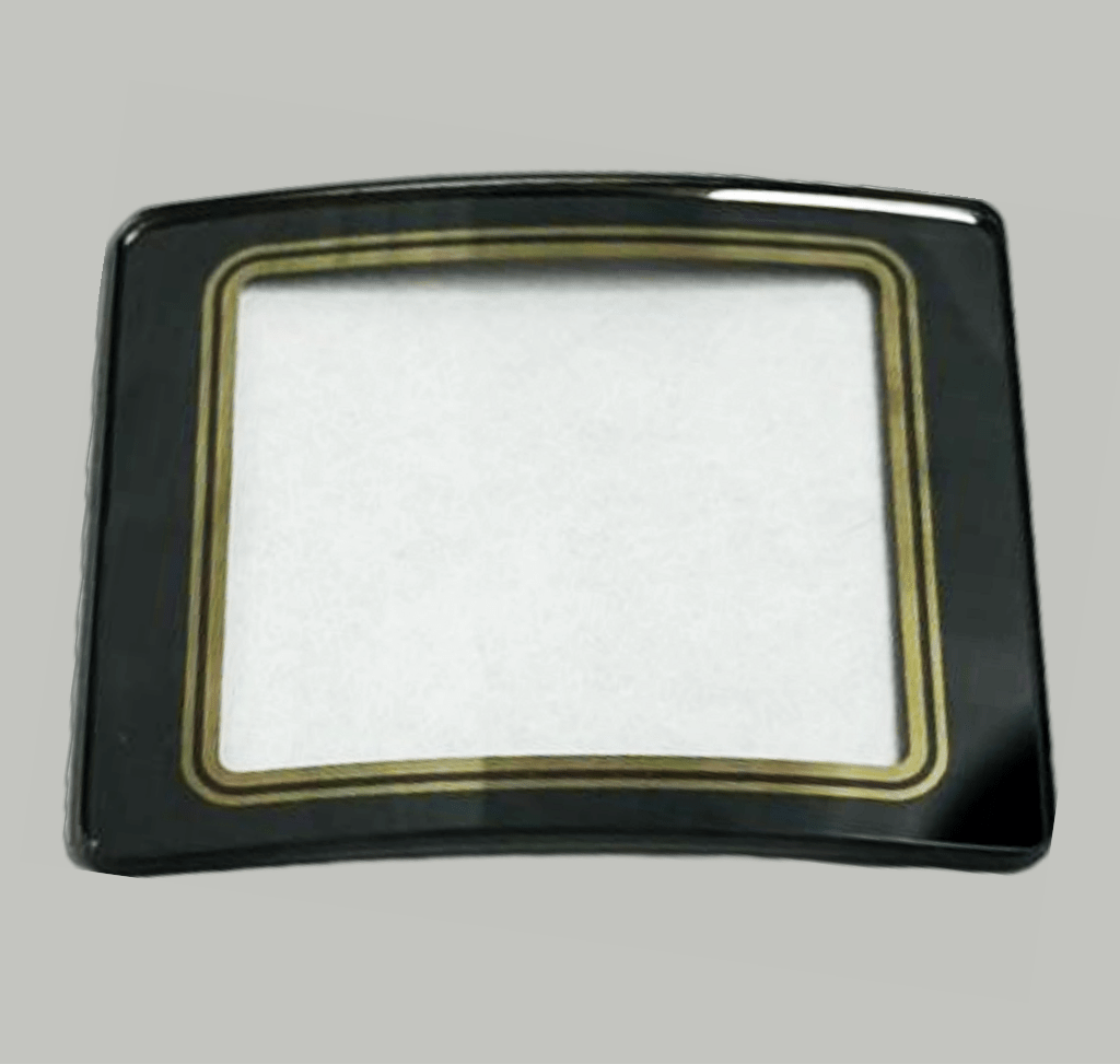 Mineral Crystals to Fit Rado Double Domed Rectangular Black Trim w/Golden Lines (31.9×26.5×2.45×1.0)mm→(Width×Height×Dome Height×Edge Thick) - Universal Jewelers & Watch Tools Inc.