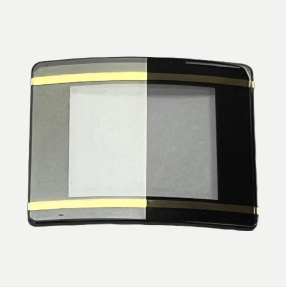 Mineral Crystals to Fit Rado Double Domed Rectangular Black Trim w/Golden Lines (23.4×19.6×2.27×1.0)mm→(Width×Height×Dome Height×Edge Thick) - Universal Jewelers & Watch Tools Inc.