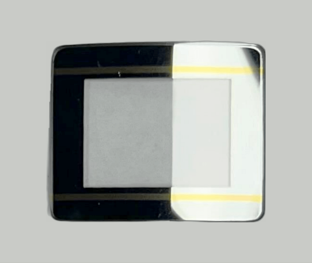 Mineral Crystals to Fit Rado Double Domed Rectangular Silver Trim w/Golden Lines (23.4×19.6×2.2×1.1)mm→(Width×Height×Dome Height×Edge Thick) - Universal Jewelers & Watch Tools Inc.