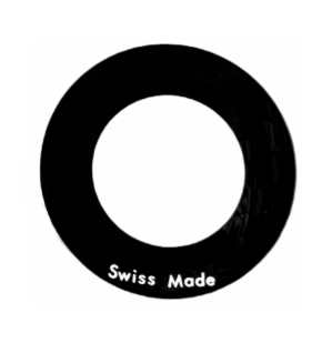 Mineral Crystals to Fit Calvin Klein(CK) Round Single Domed Black Trim(Trim Size: 6.6mm)w/White Text "Swiss Made" (34.5×2.93×1.3)mm→(Diameter×Middle Thick×Edge Thick) - Universal Jewelers & Watch Tools Inc.