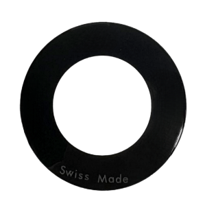 Mineral Crystals to Fit Calvin Klein(CK) Round Single Domed Black Trim(Trim Size: 6.6mm)w/White Text "Swiss Made" (34.5×2.93×1.3)mm→(Diameter×Middle Thick×Edge Thick) - Universal Jewelers & Watch Tools Inc.