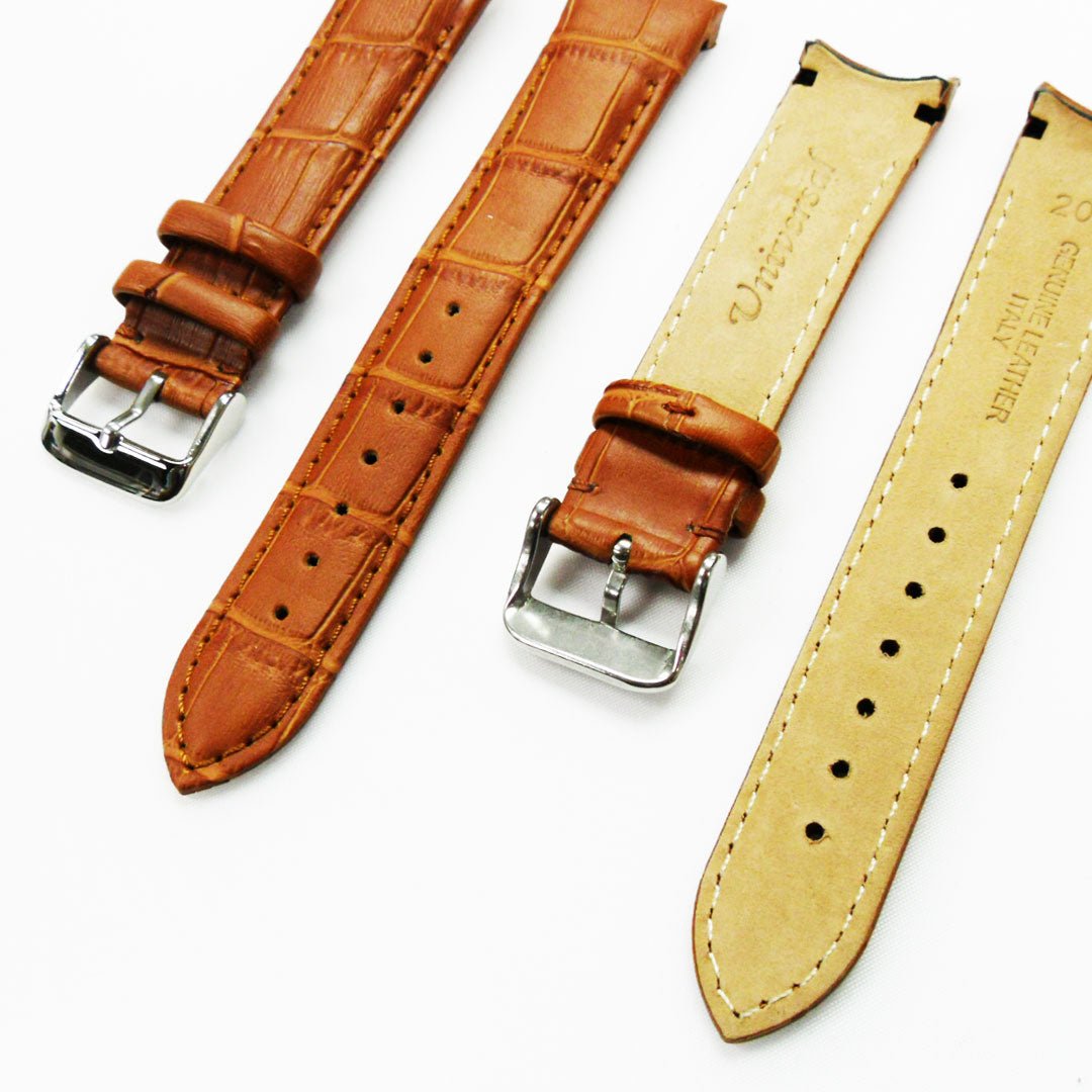 Alligator Curved Genuine Leather Watch Strap, 20MM, Brown Color, Padded, Brown Stitched, Regular Size, Silver Buckle, Watch Band Replacement - Universal Jewelers & Watch Tools Inc.
