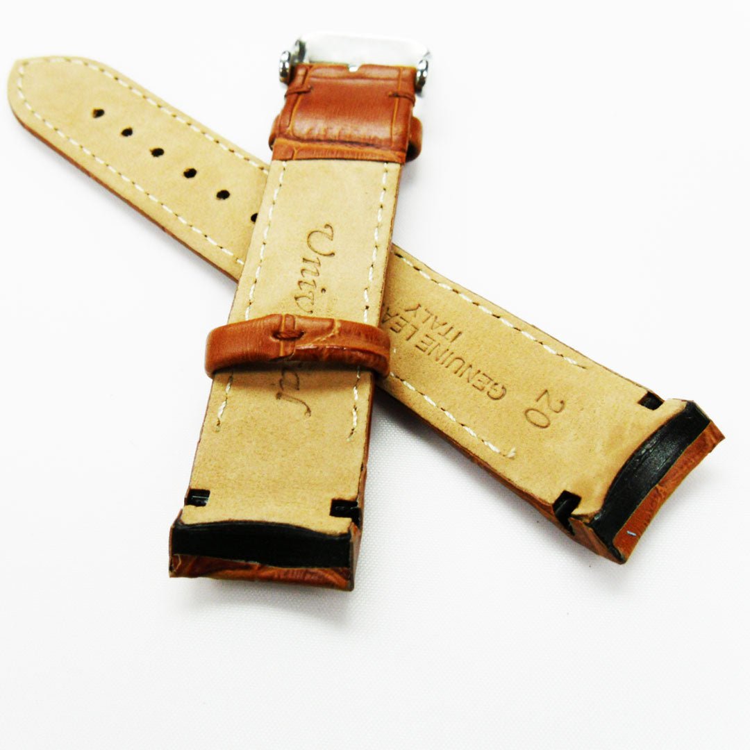 Alligator Curved Genuine Leather Watch Strap, Black Color, 20MM, Padded, Black Stitched, Regular Size, Silver Buckle, Watch Band Replacement - Universal Jewelers & Watch Tools Inc.