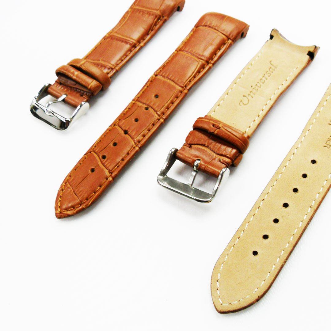 Alligator Curved Genuine Leather Watch Strap, 22MM, Light Brown Color, Padded, Brown Stitched, Regular Size, Silver Buckle, Watch Band Replacement - Universal Jewelers & Watch Tools Inc.