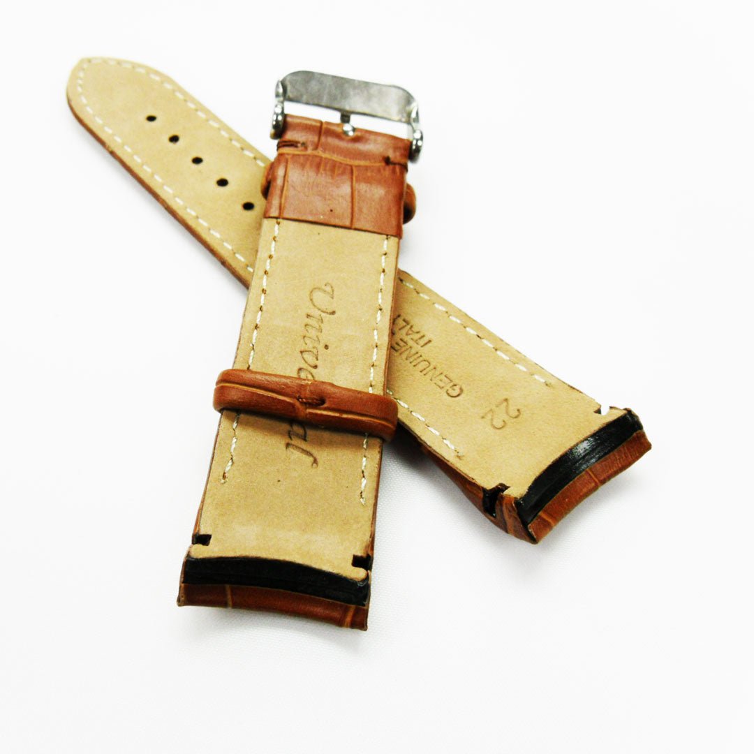 Alligator Curved Genuine Leather Watch Strap, 22MM, Light Brown Color, Padded, Brown Stitched, Regular Size, Silver Buckle, Watch Band Replacement - Universal Jewelers & Watch Tools Inc.