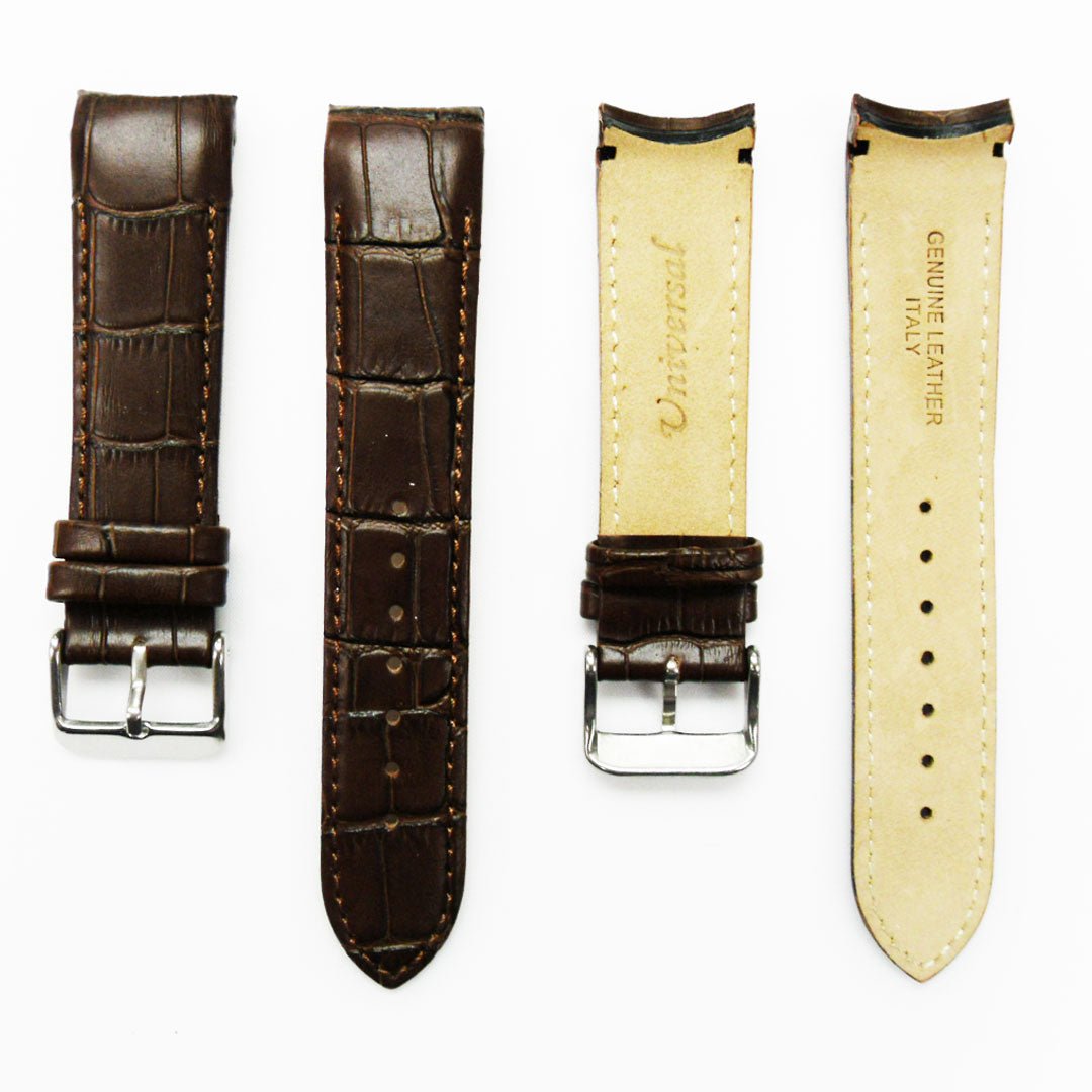 Alligator Curved Genuine Leather Watch Strap, 20MM, Brown Color, Padded, Brown Stitched, Regular Size, Silver Buckle, Watch Band Replacement - Universal Jewelers & Watch Tools Inc.