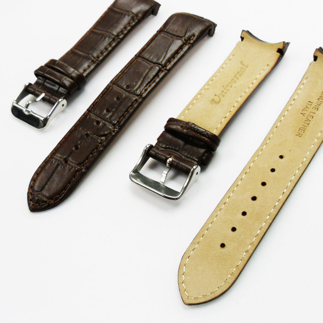 Alligator Curved Genuine Leather Watch Strap, 20MM, Brown Color, Padded, Brown Stitched, Regular Size, Silver Buckle, Watch Band Replacement - Universal Jewelers & Watch Tools Inc.