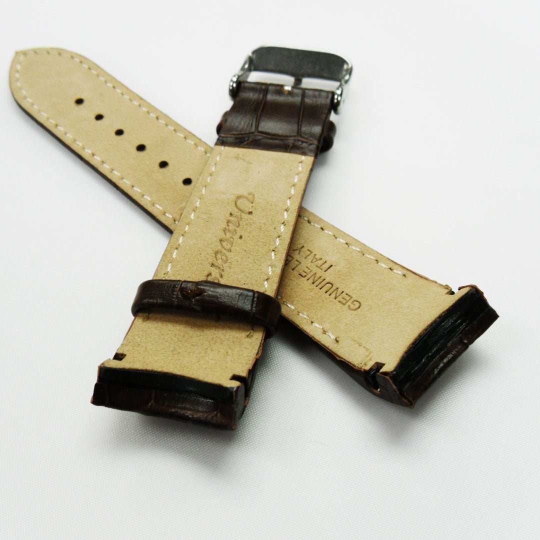 Alligator Curved Genuine Leather Watch Strap, 20MM, Brown Color, Padded, Brown Stitched, Regular Size, Silver Buckle, Watch Band Replacement - Universal Jewelers & Watch Tools Inc.