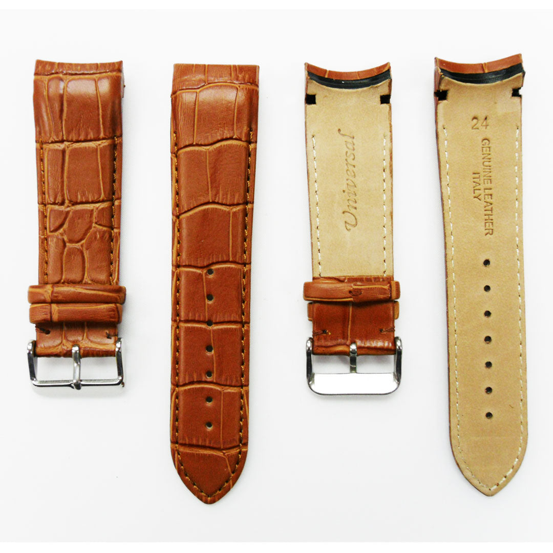 Alligator Curved Genuine Leather Watch Strap, 24MM, Black Color, Padded, Black Stitched, Regular Size, Silver Buckle, Watch Band Replacement
