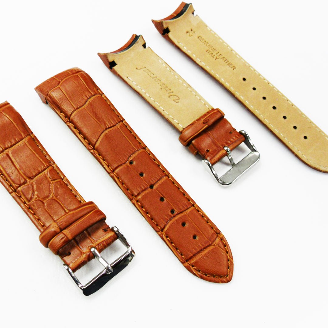 Alligator Curved Genuine Leather Watch Strap, 24MM, Brown Color, Padded, Brown Stitched, Regular Size, Silver Buckle, Watch Band Replacement - Universal Jewelers & Watch Tools Inc.