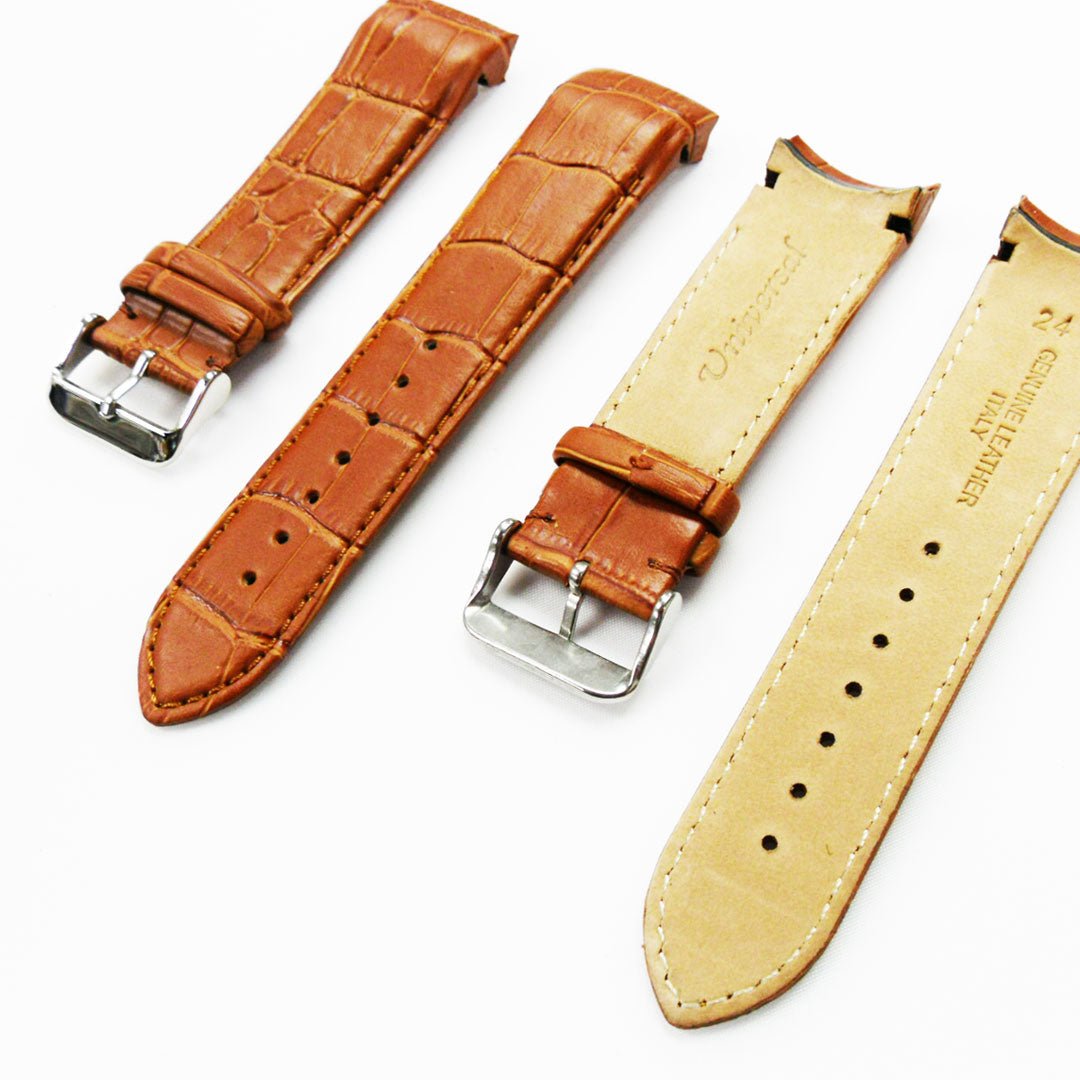 Alligator Curved Genuine Leather Watch Strap, 24MM, Brown Color, Padded, Brown Stitched, Regular Size, Silver Buckle, Watch Band Replacement - Universal Jewelers & Watch Tools Inc.